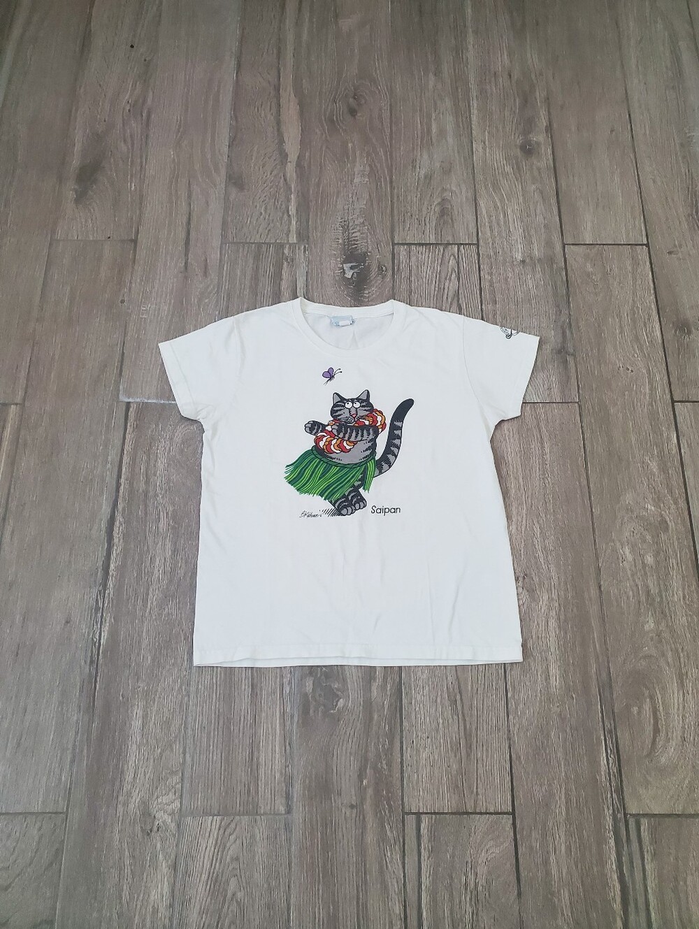 Crazy Shirts 100% cotton white Saipan Hawaiian hula dance cat graphic tee S